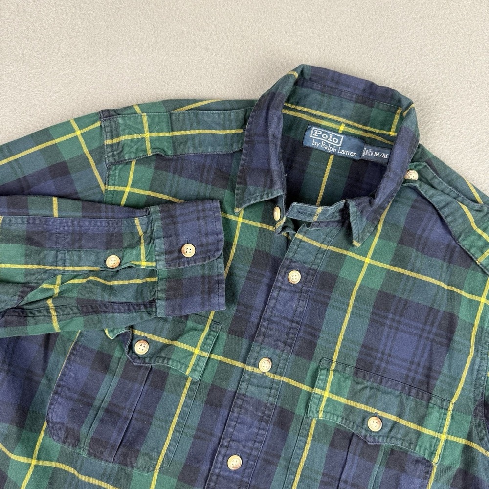 Polo Ralph Lauren Shirt Mens Medium Green Blue‎ Tartan Plaid Flannel Button Up